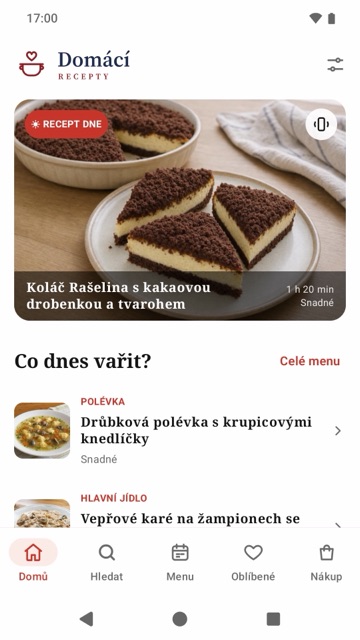 Aplikace Domácí recepty pro Android: úvod s receptem dne